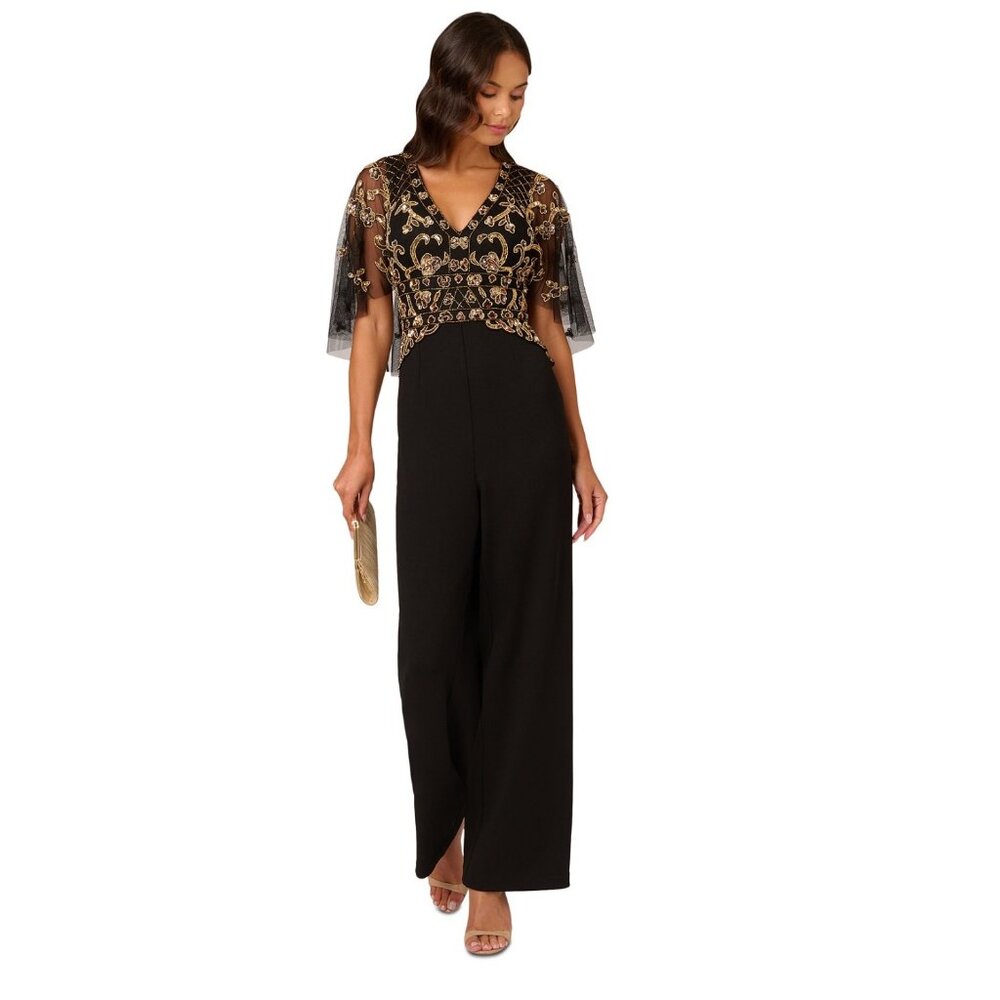 Adrianna Papell Beaded Crepe Jumpsuit Black With Sheer Embellished Sleeves Size